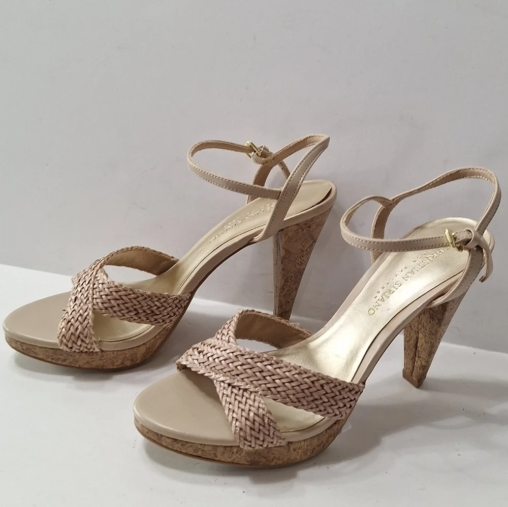 Christian Siriano Tan Bohemian Coquette Ankle Strap Platform Heels Size 7